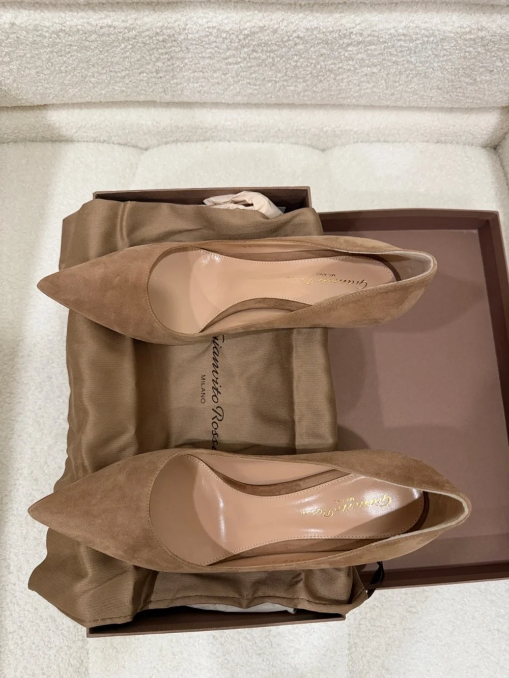 Gianvito Rossi Suede Pointed-Toe Pumps in Taupe - Picture 1 of 7